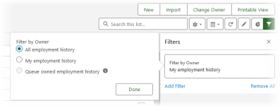 Screenshot showing Filter by owner, all employment history selected